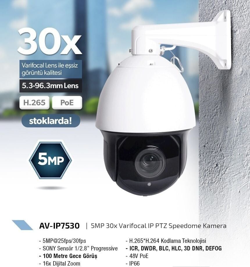 5 MP F=5.3mm -96.3mm Varical Lens 30X IP PTZ Speedome Kamera AV-IP7530